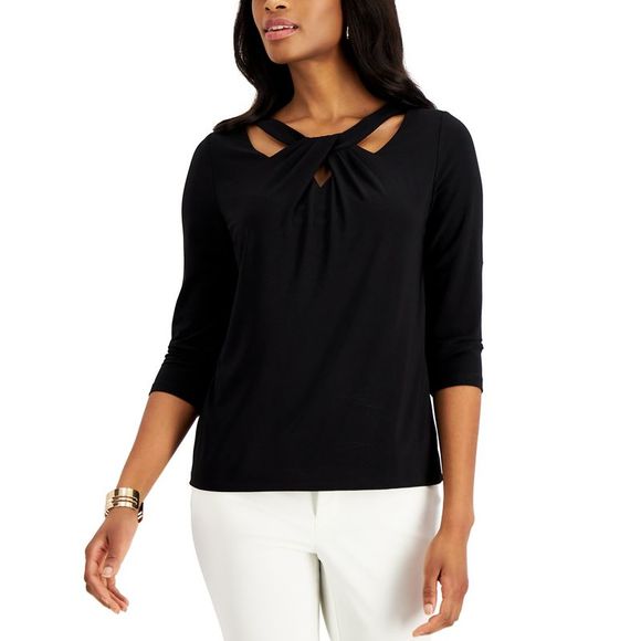 Kasper Tops Kasper Womens Twist Neck Top Black Size Petite Small